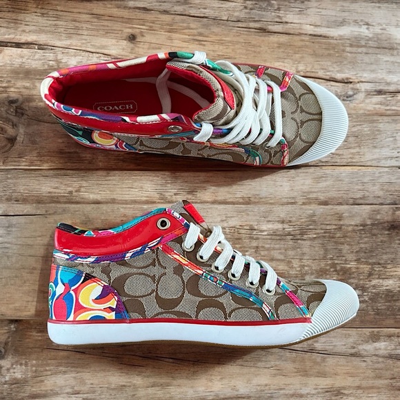 COACH Vintage Y2K Monogram Logo Canvas Jacquard Sneakers Beige Multi Sz 8 NWOB - Picture 1 of 15